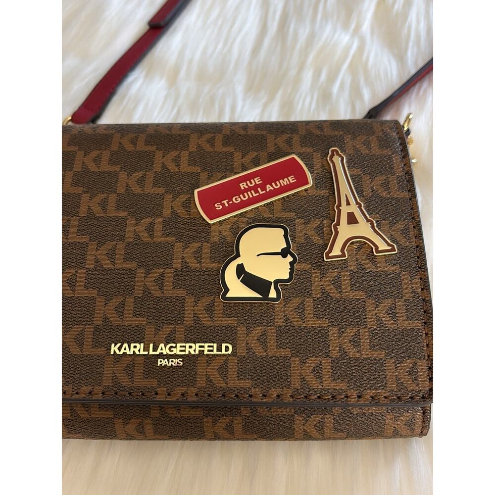 Karl Lagerfeld Brown Monogram Crossbody with Red Strap and Gold Hardware - Picture 9 of 12